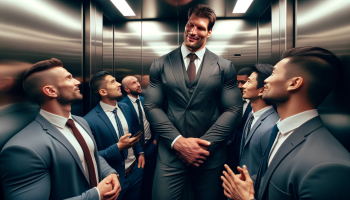 DALL·E 2023-11-21 20.20.34 - In an elevator, a very tall and muscular Serbian man, significant...png